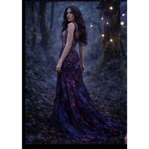 FLAWS Rare Fairy Dark Romance Silk Beaded Embroidered Floral Gown 14 Purple Maxi